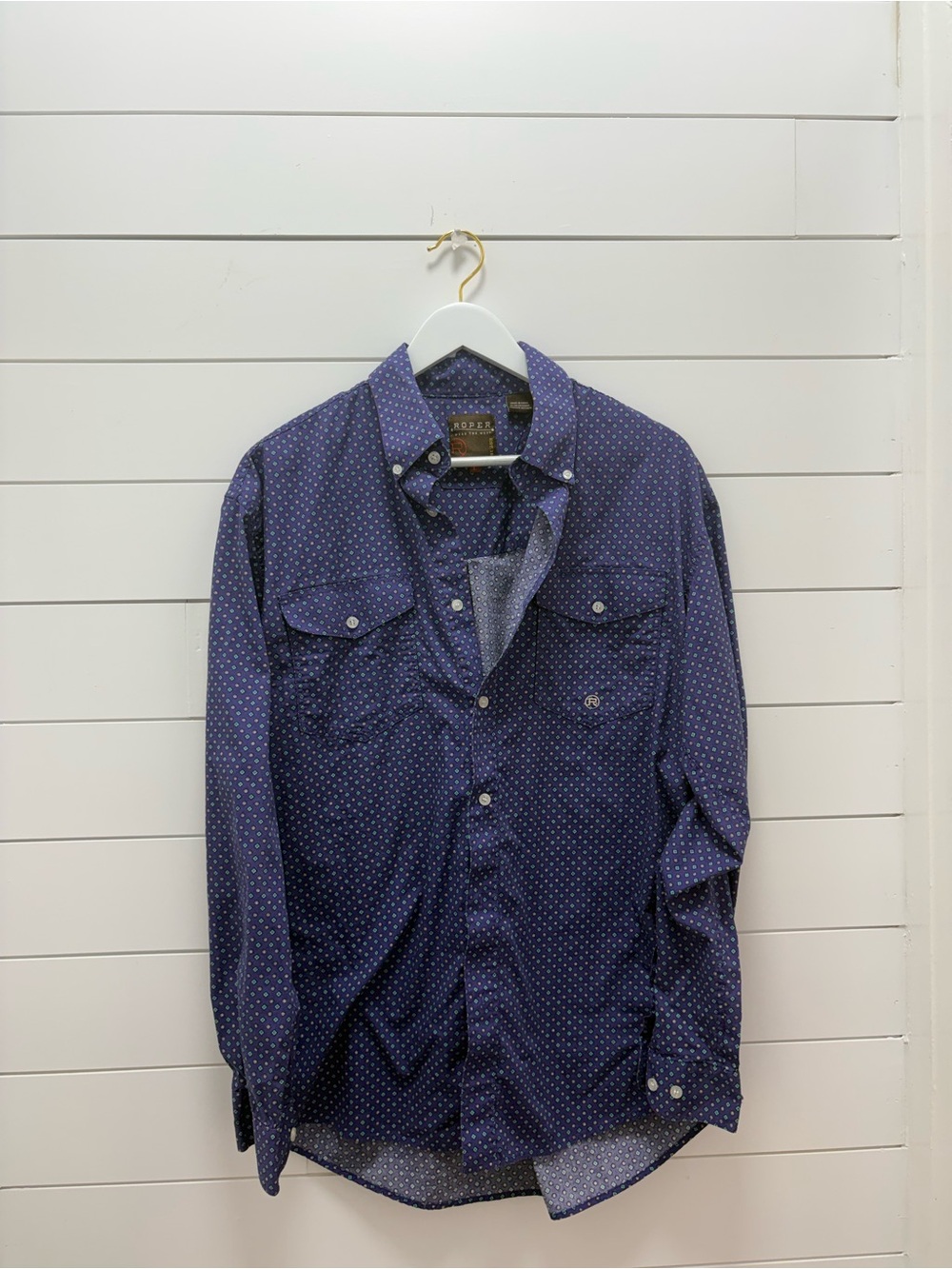 Roper Navy Blue Dot-Print Casual Button-Down Shirt